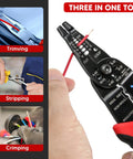 Wire Stripper Cutter And Stripping Tool 8 Inch Multi Function Hand Tool with ergonomic handle in use for trimming, stripping, crimping.