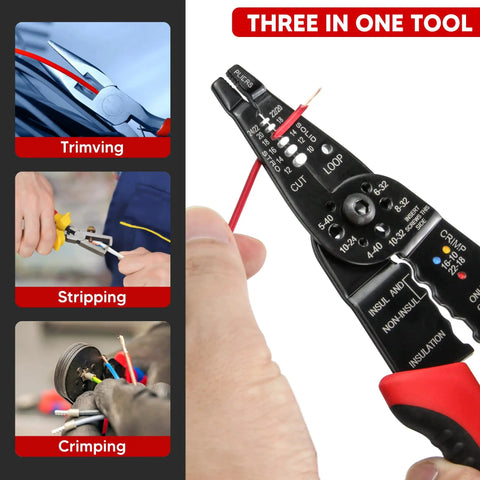 Wire Stripper Cutter And Stripping Tool 8 Inch Multi Function Hand Tool with ergonomic handle in use for trimming, stripping, crimping.
