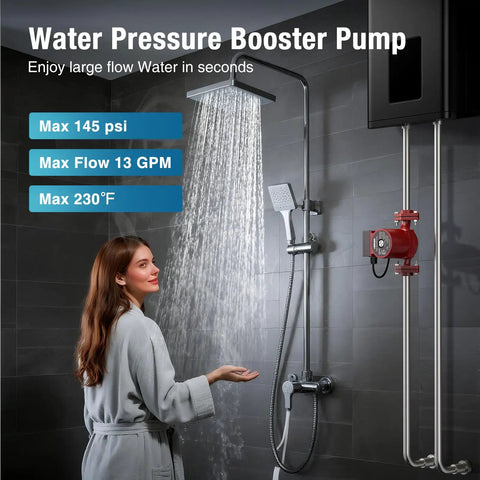 Kickass Versatile Hot Water Recirculating Pump With One Inch Threaded Pipe Flange Kit And Three Adjustable Speed Settings For No Sweat Instant Warmth At Every Single Home Faucet, with water flowing from a showerhead.