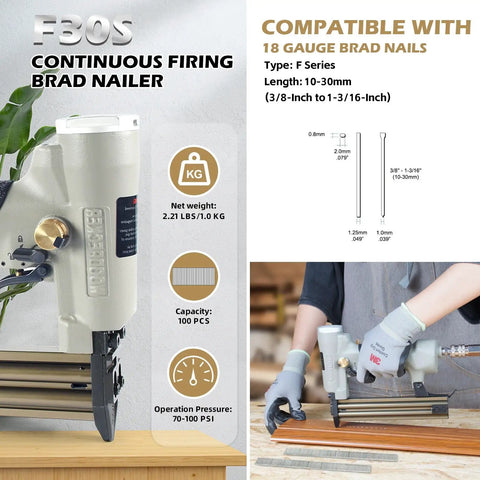 Pneumatic 18 Gauge Brad Nailer, 3/8 To 1-3/16 Inch Nail Length Range, Continuous Firing Brad Nail Gun in workshop setting