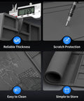 Four images showing features of Heat Resistant Soldering Mat For Electronics Repair, Pro Grade Magnetic Silicone Work Pad with compartments.