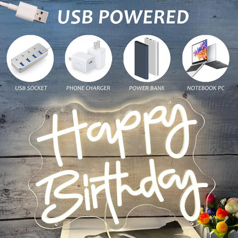 Happy Birthday Neon Sign For Wall Decor 23.6 By 8.3 Inch LED Light with USB power options and tulips