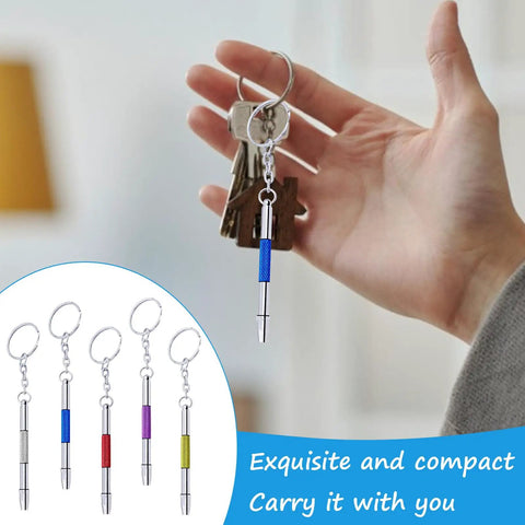 Five Color Mini Eyeglass Screwdriver Set With Non Slip Handles on keychain in hand, featuring stainless steel alloy tool