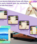 Various decorated Twenty Pack Unfinished Wooden Picture Frames For 4X6 Photos showcasing DIY options with ribbons, stickers, and dried flowers.