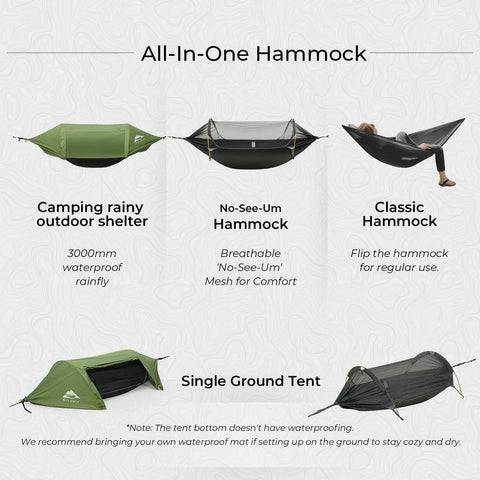 Diagram of 3 In 1 Camping Hammock Tent With Mosquito Net And Rain Fly, showing hammock setup options, waterproof details visible.