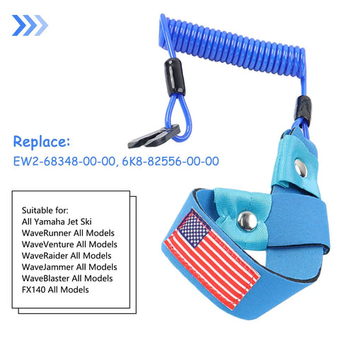 Universal Kill Switch Lanyard For Yamaha Jet Ski And WaveRunner Replacement EW2-68348-00-00 Blue With US Flag Wrist Strap Tether, Hooks Up With WaveRunner WaveVenture WaveRaider WaveJammer WaveBlaster FX Series And Marine Outboard Motors