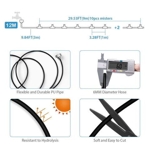 Outdoor Misting System For Patio Keeps It Cool With 40 Ft Misting Line Ten Nozzles And Three Quarter Inch Brass Adapter Perfect For Deck Garden Trampoline Or Greenhouse, showing flexible PU pipe and 6MM diameter hose.
