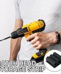 Side Mount Drill Bit Holder Holster With Heavy Duty Adhesive on yellow drill in use, showing easy access to driver bits.