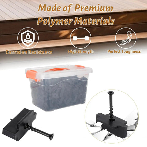 Top Shelf Hidden Deck Fasteners Six Hundred Piece Kit For Grooved Boards Premium Nylon T Clips in clear box with black clips and screws.