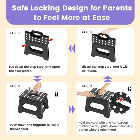 Step-by-step guide for Folding Step Stool Nine Inch Holds Up To 600 Lb With Non Slip Surface And Carry Handle showing locking mechanism