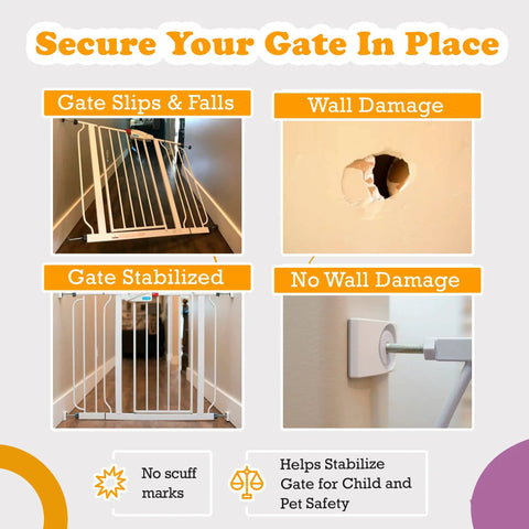 Comparison image showing wall damage from slips and secure gate using Wall Guard For Baby Gates And Pet Gates Made In USA Indoor Kid Safe