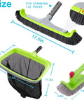 3 Piece Pool Cleaning Kit With Skimmer Net, 17.5 Inch Aluminum Wall Brush, And 90 Degree Rotatable Hand Scrub Brush For Steps, Corners And Vinyl Liners Pole Not Included, shown in green with size dimensions.