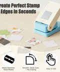Big 1.5 By 1.25 Inch Stamp Punch For Scrapbooking And Card Making shown on a table with cutout samples.