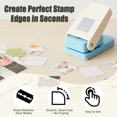 Big 1.5 By 1.25 Inch Stamp Punch For Scrapbooking And Card Making shown on a table with cutout samples.