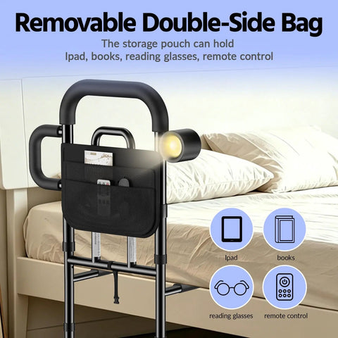 Senior Bed Rail With Remote Light And Height Adjust showing removable double-side bag and bedside grip handle on bed.
