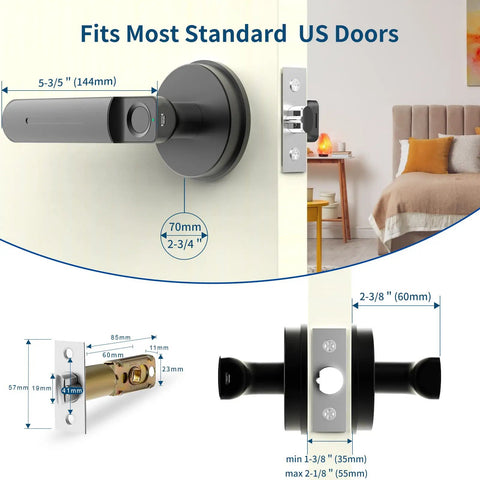 Smart Fingerprint Door Lock With Handle Keyless Entry Sleek One Touch Unlock Dual Access And Mechanical Key Backup Perfect For Bedroom Or Office Black installed on door
