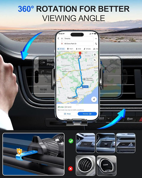 Wireless Car Charger Mount With Auto Clamping And 15W Fast Charging for IPhone and Galaxy in car showing navigation on dash