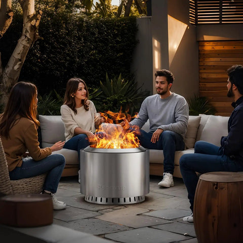 Friends sitting around 22 Inch Smokeless Outdoor Fire Pit With Waterproof Cover Stainless Steel Wood Burning Bonfire Pit For Camping Patio Or Backyard Hangouts Low Smoke Design For Cleaner Smoke And Cozy Warmth