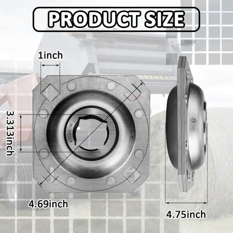 Flanged Disc Harrow Bearing 1 Inch Square Bore For Farm Gear, Relubricable, Riveted Flange, 3.313 Inch To 4.69 Inch Bolt Hole Centers, Farm Grade AG Style Replacement Bearing; front and side view with size callouts