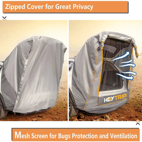 Upgraded SUV Tailgate Tent With Poles And Stakes Built For Epic Tailgates And Car Campouts showing zipped cover and mesh screen.