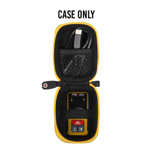 Travel Friendly Hard Case for Mini Laser Distance Meter 135Ft Rechargeable Tool With USB C Hub Cord and Space for Accessories Keeps Your Gear Safe at Home or On the Go. Black PEVA semi-hard case with mesh pocket and mini laser meter inside, case only.