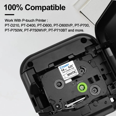 10 Pack Heavy Duty Heat Shrink Tubing Compatible HSE211 inside P-touch printer, showing 5.8mm black print on white tape.