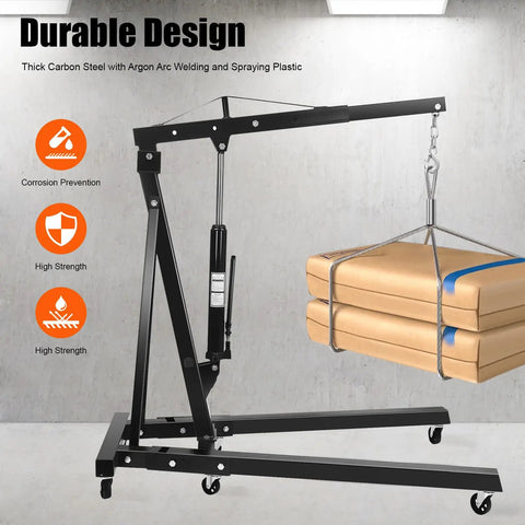Heavy Duty Folding Hydraulic Engine Crane Hoist With Six Swivel Casters For Garage Auto Repair And Daily Mechanics lifting heavy packages.