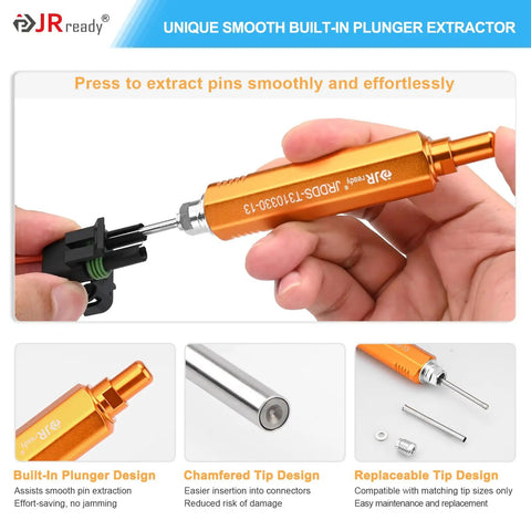 Heavy Duty DdS Metal Storage Handle Pin Removal Kit For Weather Pack And Metri Pack Connectors in action, showing built-in plunger design.