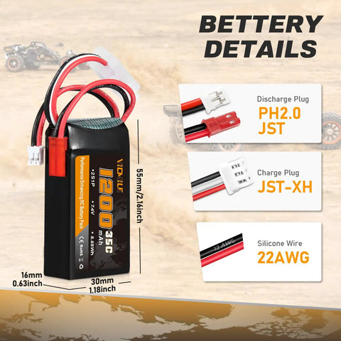 Power Up Your RC Ride With 7.4V 1200mAh LiPo Battery 2S 35C Burst 70C PH2.0 JST Plug And 1to2 USB Charger details image