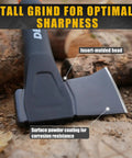 Close-up of 14 Inch Camping Hatchet With Carbon Steel Blade And Do It All Sheath, showing insert-molded head and powder coating.
