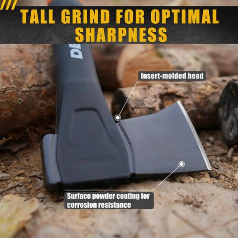 Close-up of 14 Inch Camping Hatchet With Carbon Steel Blade And Do It All Sheath, showing insert-molded head and powder coating.