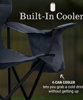 Portable Camping Chair With Built In Four Can Cooler Cushioned Seat And Back Side Pockets Cup Holder Carry Bag Included Ideal For Camping Tailgating Fire Pits Patio And More showing built-in cooler