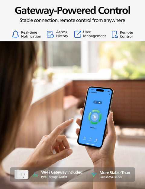 Person using app for Top Shelf Matte Black Wifi Smart Lock With Fingerprint Keyless Entry And Lever Handles.