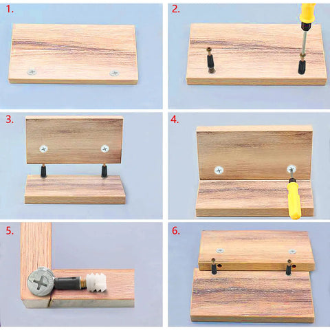 Image sequence showing installation steps for Twenty Four Piece 35 mm Cam Screw And Dowel Pin Kit With Zinc Connectors.