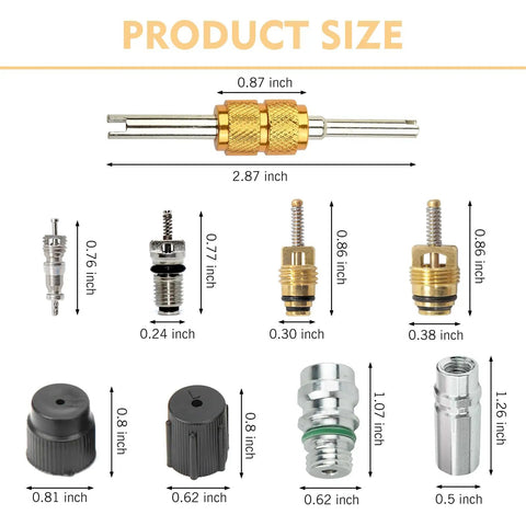 Diagram showing components and sizes of the 17 Pcs Air Conditioning Valve Core Kit for R12 and R134A With Teflon Seal Caps.