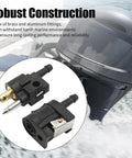 Two Pack 1/4 Inch 6mm Barb Fuel Line Quick Connectors, Female To Male Quick Couplers For Yamaha Outboard And Universal Marine Fuel Lines, Brass And Aluminum Fittings, Durable Replacement Part displayed against a marine engine backdrop