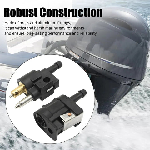 Two Pack 1/4 Inch 6mm Barb Fuel Line Quick Connectors, Female To Male Quick Couplers For Yamaha Outboard And Universal Marine Fuel Lines, Brass And Aluminum Fittings, Durable Replacement Part displayed against a marine engine backdrop