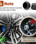 Two Pack 81143 Vortex Replacement Hub Caps with O-Ring for 5-bolt hubs, image shows compatibility note for 48355v K71-G01-73 21-261