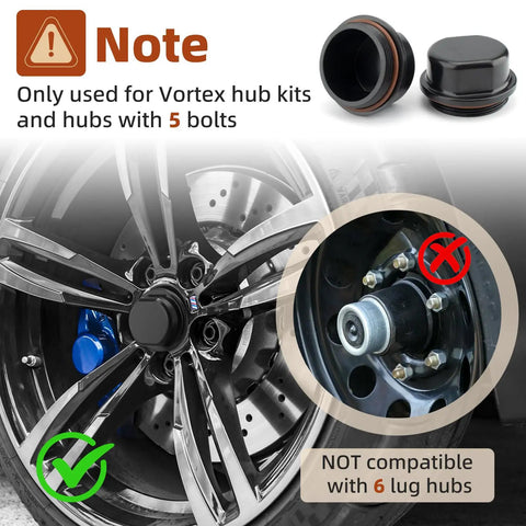 Two Pack 81143 Vortex Replacement Hub Caps with O-Ring for 5-bolt hubs, image shows compatibility note for 48355v K71-G01-73 21-261