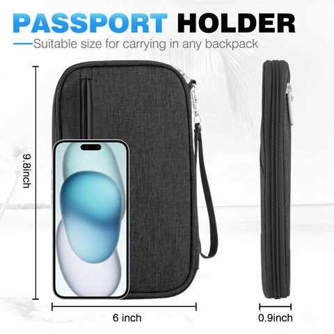 Family RFID Travel Document Organizer And Passport Wallet For Women And Men On The Go Waterproof Zippered Card Holder shown with dimensions