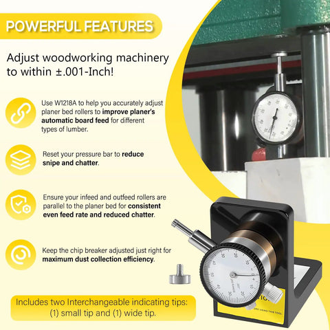 Dial Indicator With 360 Degree Rotation And Heavy Magnetic Base For Planers And Woodworking Machinery, precision setup tool.