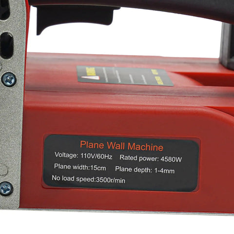 Close-up of Heavy Duty Electric Wall Planer Chisel 4580W Motor Hits 3500 RPM specifications and depth settings.