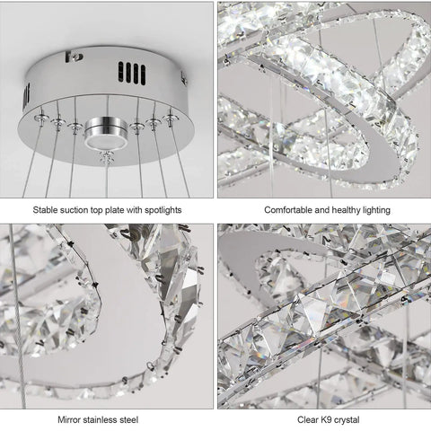 Three Ring Crystal Chandelier With Adjustable Stainless Steel Led Ceiling Fixture, K9 Crystals, 6000K Cool White Light For Living Room, Dining Room, Kitchen, Bedroom, Foyer, Modern, Built To Last, Bright