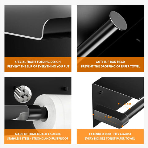 Black Toilet Paper Holder With Shelf And Phone Shelf Self Adhesive No Drill Wall Mount Stainless Steel Front Folding Design Keeps Items From Slipping Extended Rod Space For Wipes And More In Bathroom, featuring design details and measurements.
