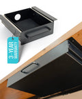 Level Up Your Desk Setup With This Solid Carbon Steel Undermount Drawer Attachment showing a matte black drawer with handle.