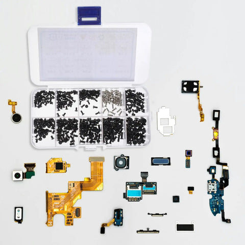 Laptop Screw Kit 500 Piece Flat Head Self Tapping Screws Countersunk Carbon Steel with electronic components displayed.