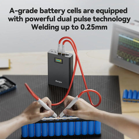 Using Dope Upgraded LCD Screen Spot Welder With 5000mAh Rechargeable Battery on battery cells, red wires attached