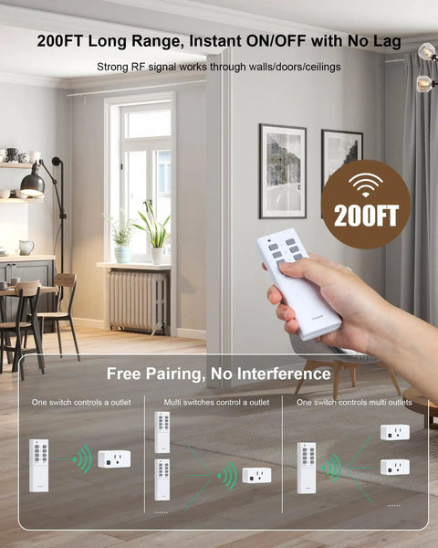 Hand holding remote for Remote Control Outlet Kit With 200-Ft Long-Range Wireless Light Switch in a modern living room