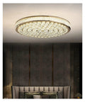 Round Mounted Crystal LED Ceiling Chandelier Light For Living Room Bedroom Study Hallway Sleek Modern Indoor Lighting Fixture With Lit Glow And Easy Mounting in a bedroom setting.