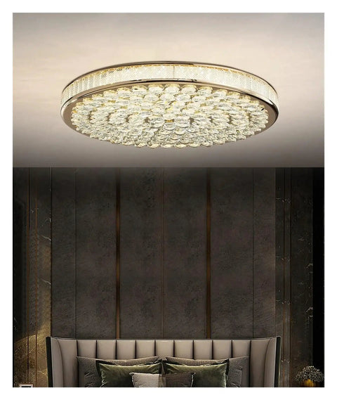 Round Mounted Crystal LED Ceiling Chandelier Light For Living Room Bedroom Study Hallway Sleek Modern Indoor Lighting Fixture With Lit Glow And Easy Mounting in a bedroom setting.